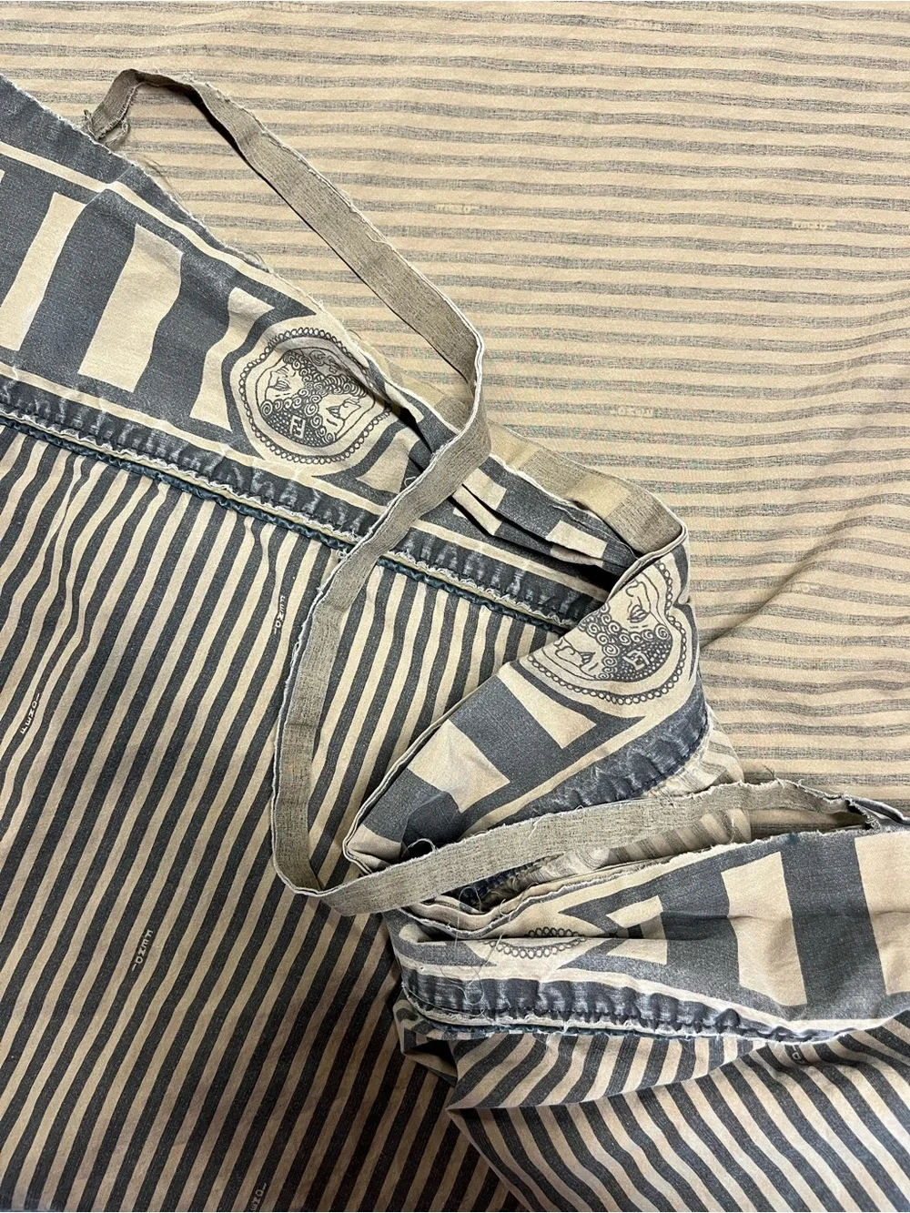 Vintage FENDI queen flat sheet logo Cotton Brown 0458 black stripe Designer